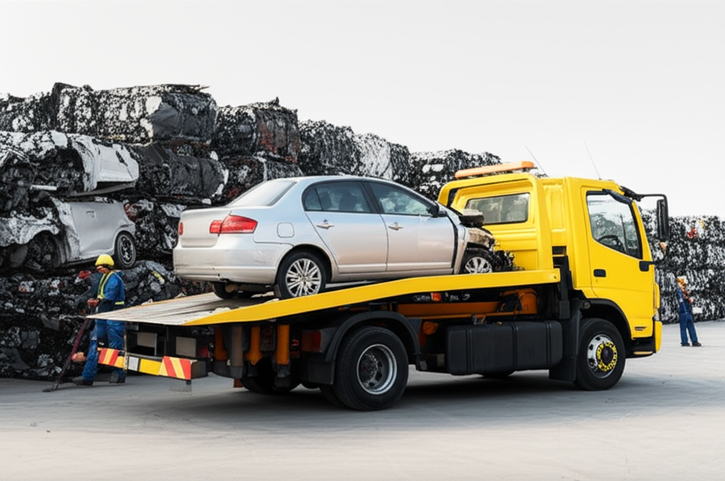 Car Recycling Facility with tow truck loading a vehicle